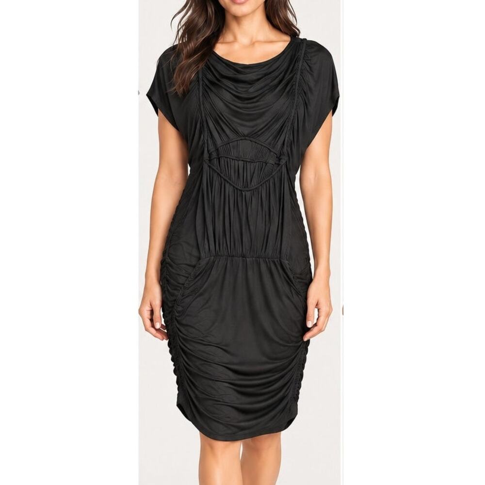 Max Studio Ruched Cowl Neck Gathered Bodycon Knee Length Dress Black Size Small